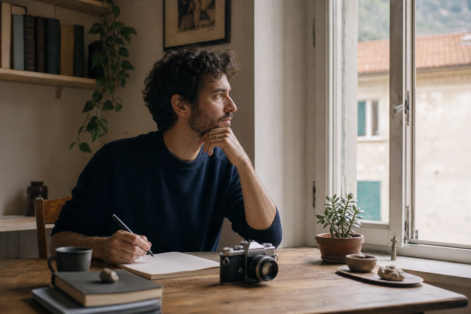 Persona che riflette su interessi e passioni in uno spazio domestico luminoso.