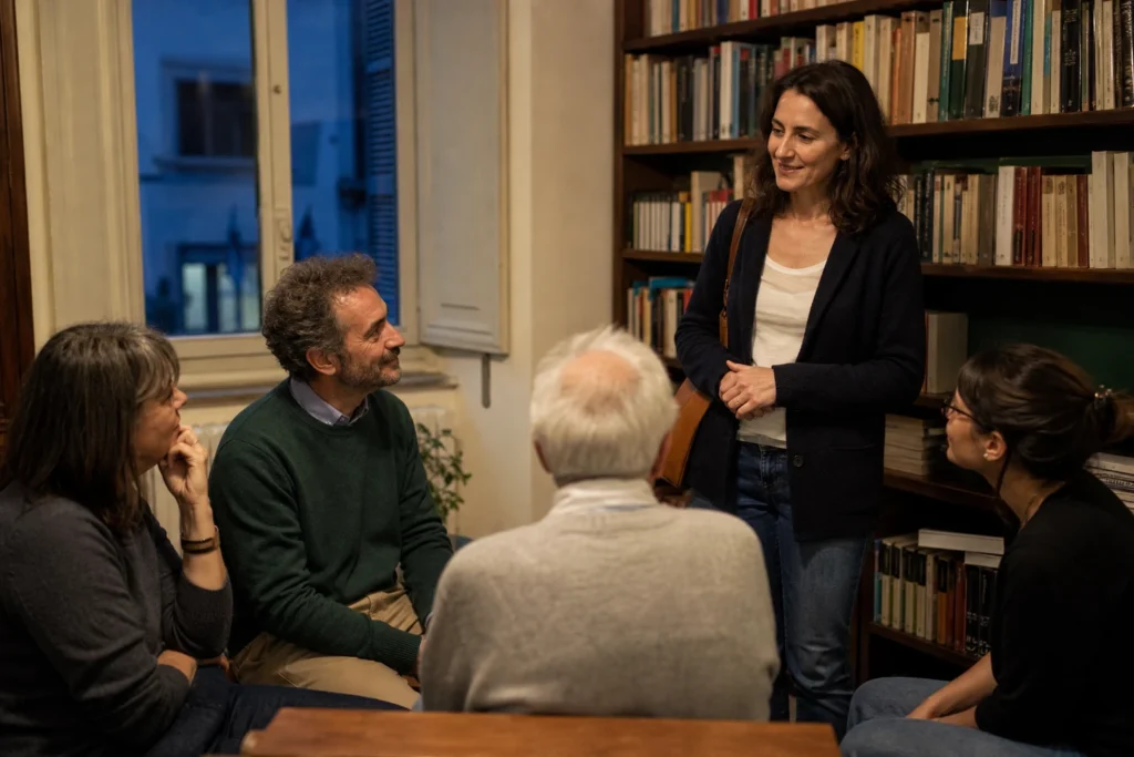 Persona timida che si avvicina gradualmente a un piccolo gruppo in un contesto sociale
