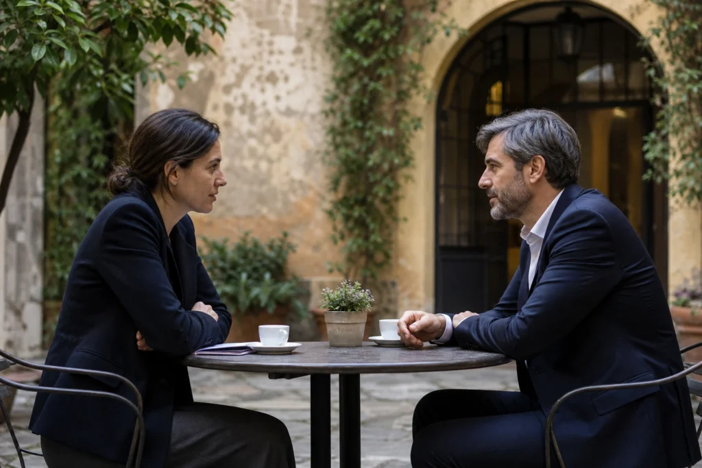 Conversazione rispettosa tra due persone che rappresenta il mantenere confini personali sani