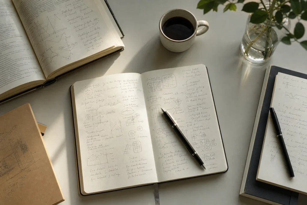 Libri e appunti su un tavolo per allenare curiosità e pensiero critico.