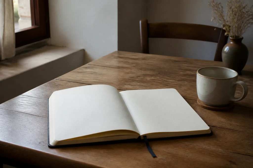 Quaderno aperto su una scrivania per riflettere sul modo in cui ci si tratta ogni giorno.