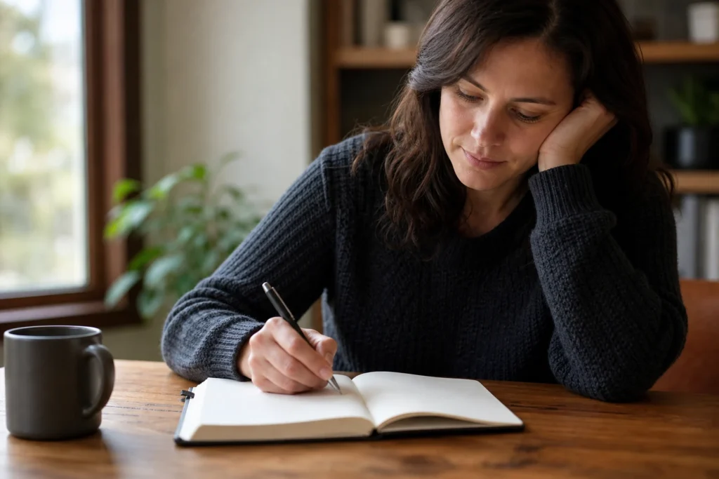 Persona che scrive su un quaderno per trasformare l’autocritica in consapevolezza.