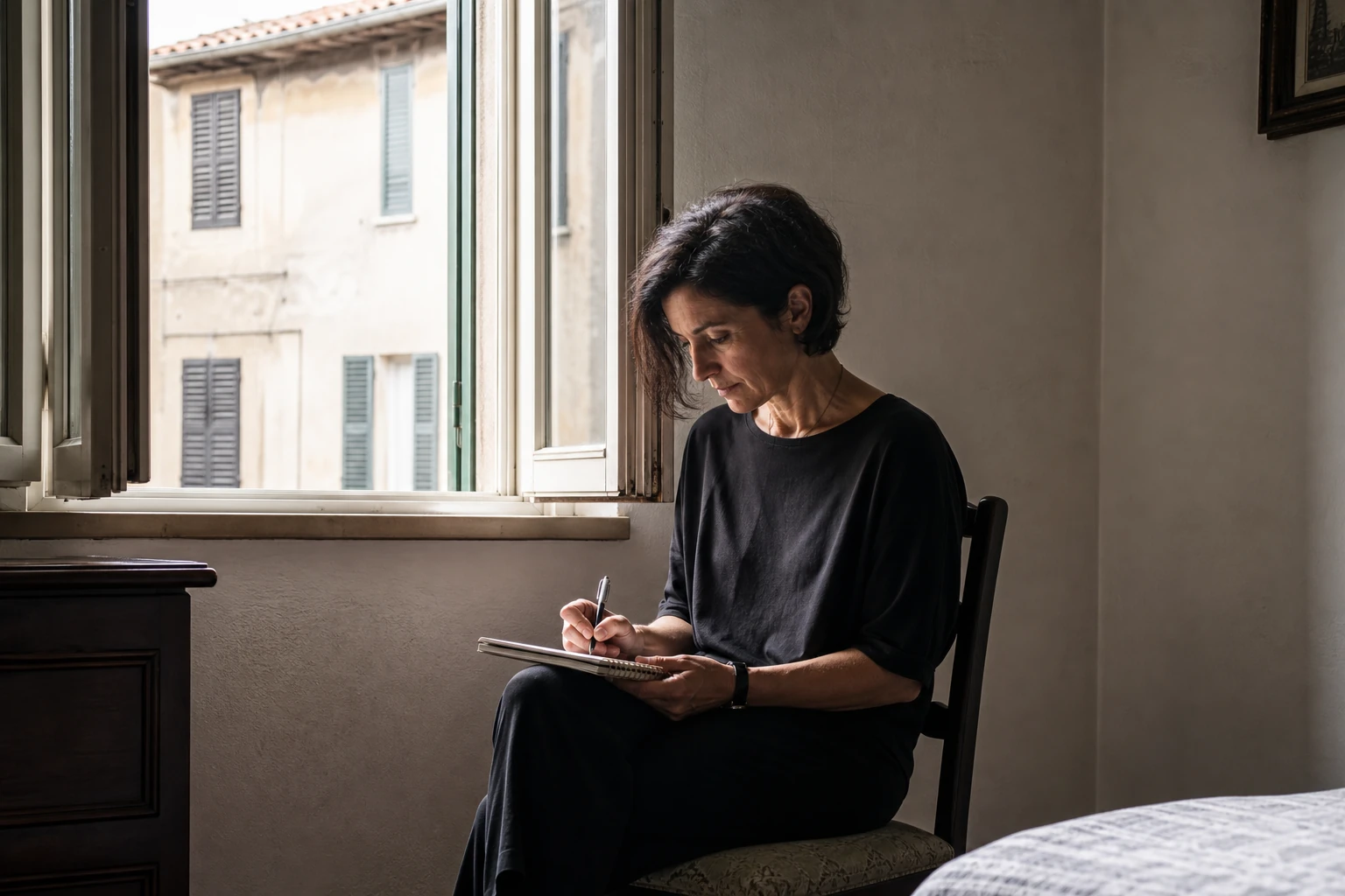 Persona adulta che riflette sulle insicurezze nate nell’infanzia scrivendo su un quaderno.