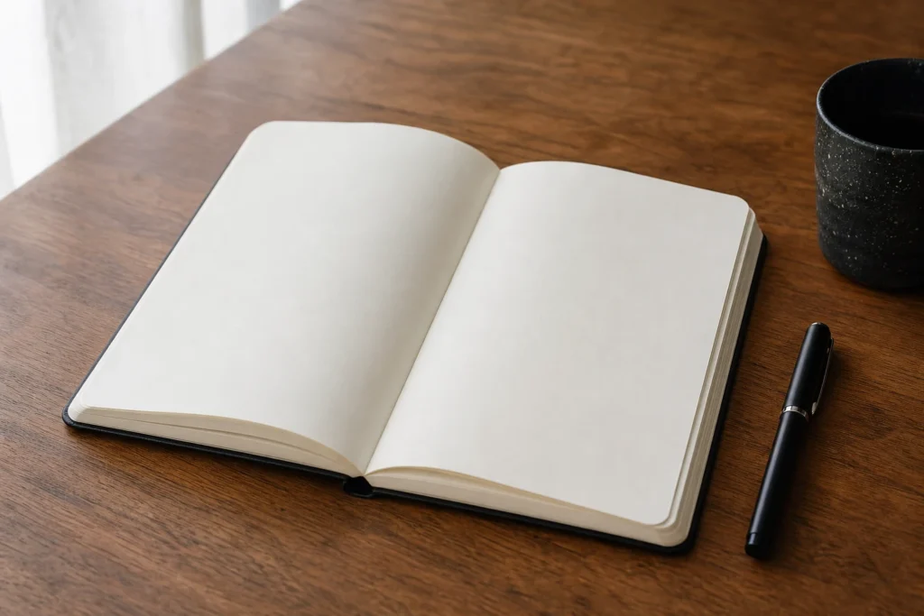 Quaderno aperto su una scrivania per riflettere sulle convinzioni legate alle insicurezze infantili.
