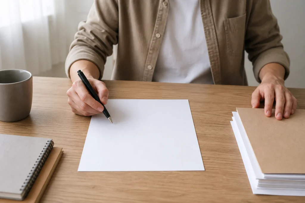 Persona che organizza un compito su una scrivania ordinata per concentrarsi meglio