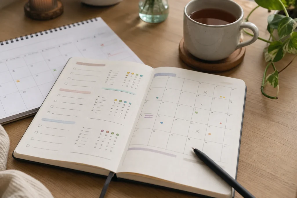 Un calendario settimanale non leggibile con piccoli segni visivi e una tazza di tè, per comunicare revisione e continuità senza perfezionismo.