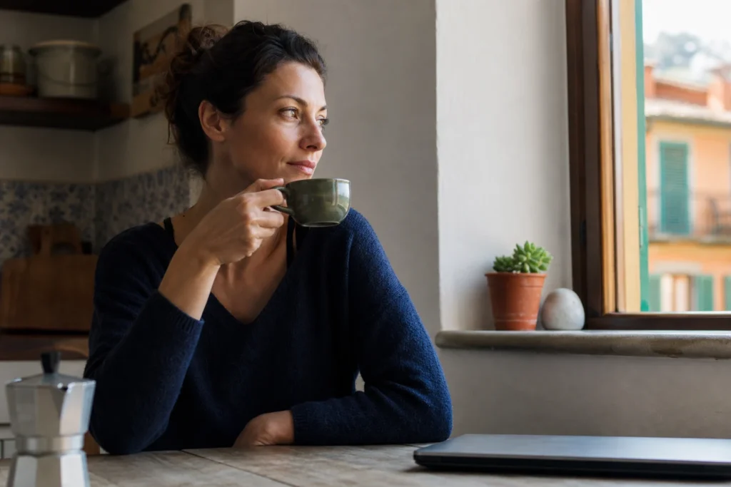 Persona che fa una pausa tranquilla con una tazza di caffè lontano dal computer
