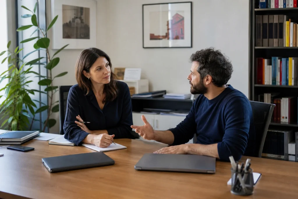 Persona in ufficio che discute priorità di lavoro in modo calmo e professionale.
