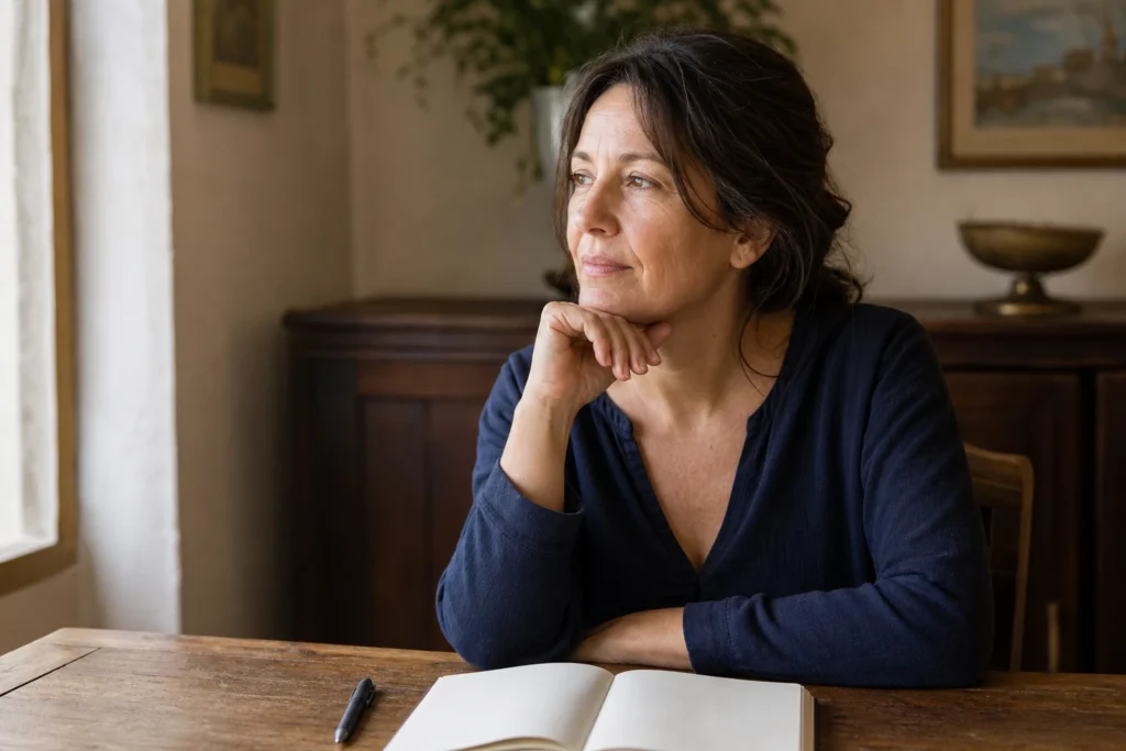 Persona che riflette davanti a un quaderno mentre prepara risposte assertive.