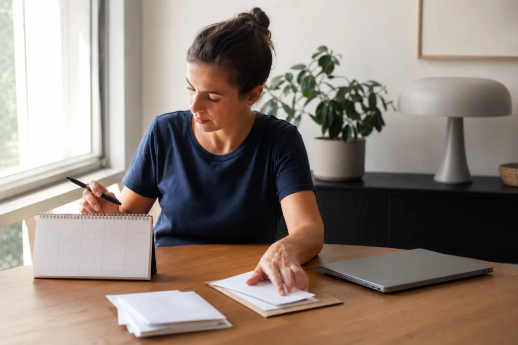 Persona che organizza con calma alcune attività quotidiane per riprendere controllo sul proprio percorso.