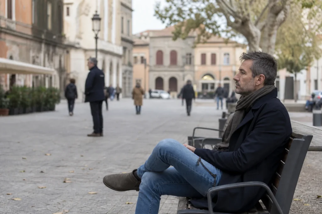 Persona seduta su una panchina che osserva le proprie emozioni senza reagire impulsivamente.