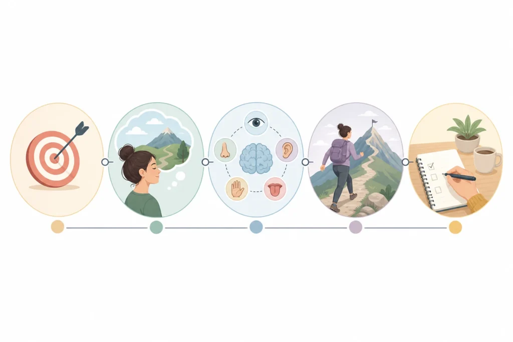 Schema visivo dei passaggi per visualizzare un obiettivo in modo pratico