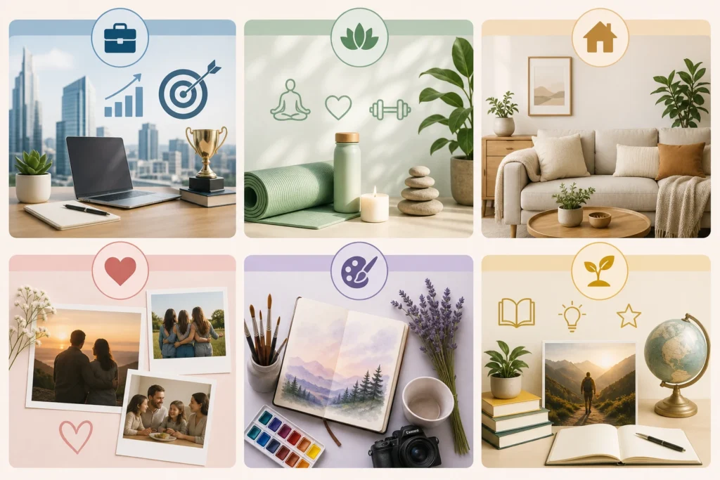 Vision board organizzata in categorie visive per diverse aree della vita.
