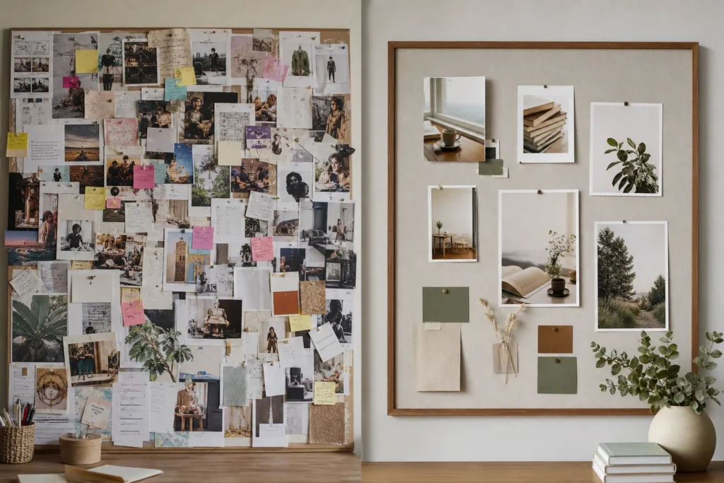 Due vision board a confronto, una caotica e una ordinata.