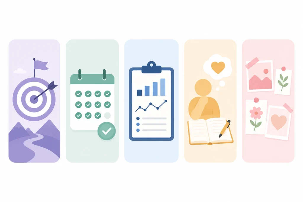 Schema visivo per scegliere tra scheda obiettivo, checklist, planner, tracker e diario.