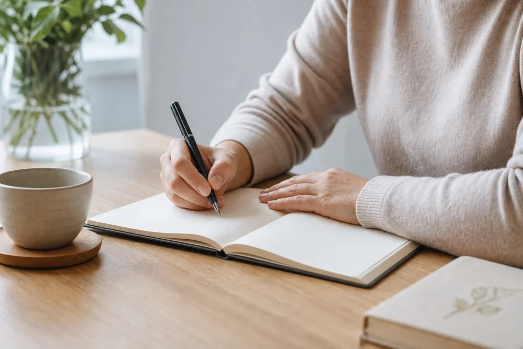 Mani che scrivono su un quaderno per osservare pensieri ed emozioni