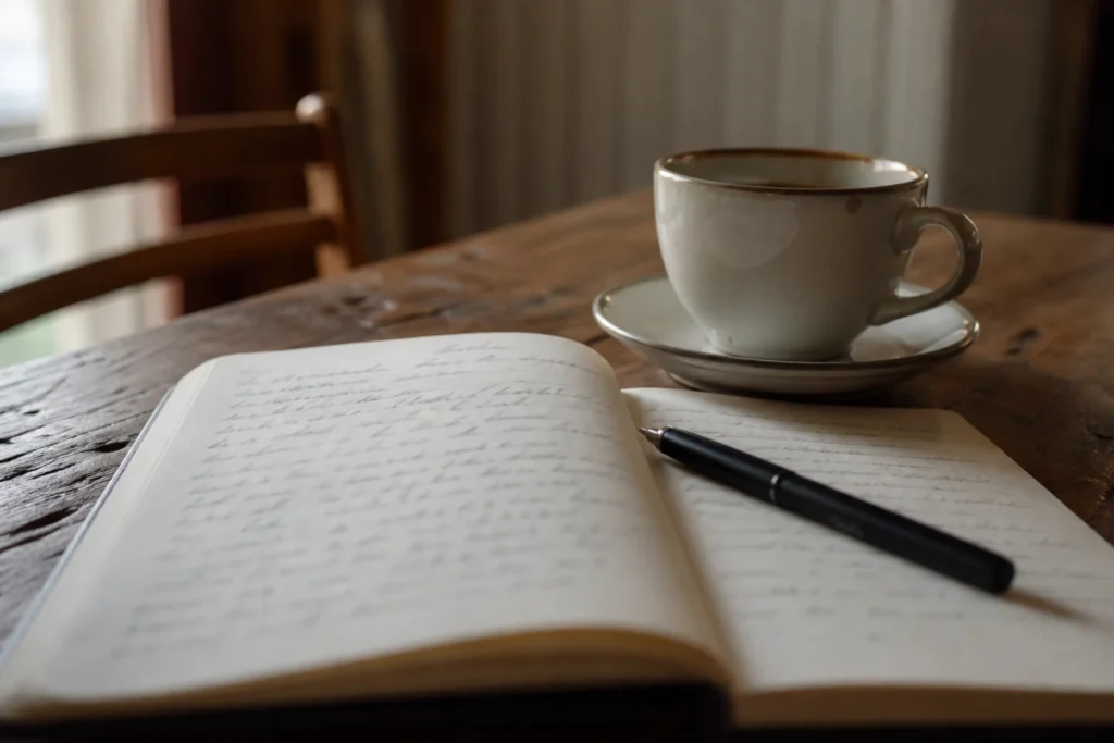 Quaderno e penna su un tavolo per scrivere una lista sulla propria identità personale. 