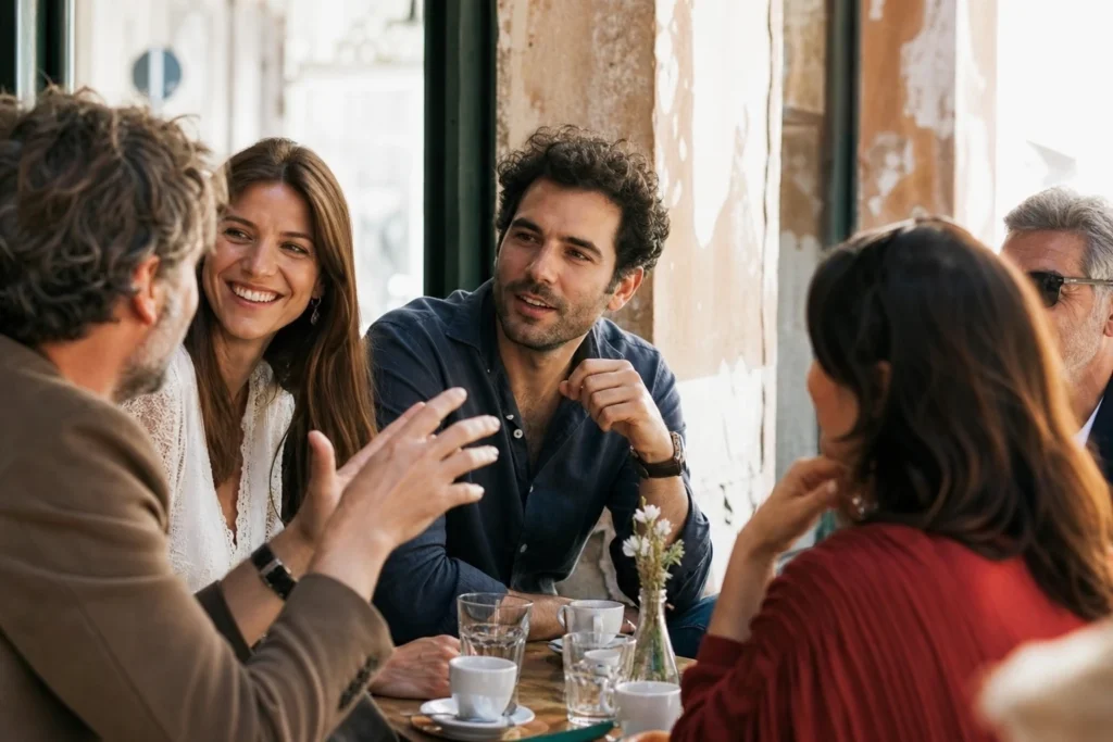 Persone che conversano in un contesto sociale accogliente e rilassato.