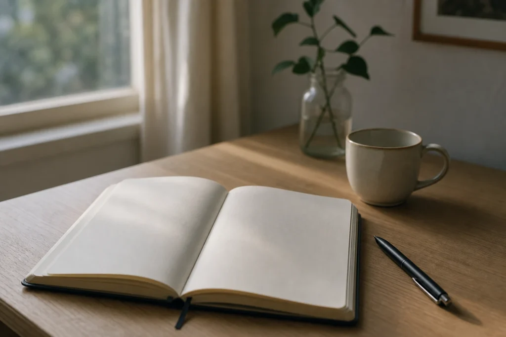 Quaderno aperto e penna su un tavolo luminoso per riflettere su amore e confini.